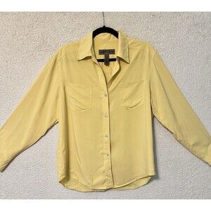 Jones Jeans Button Down Blouse‎ 100%  Silk Yellow M "Cheers" Embroidered